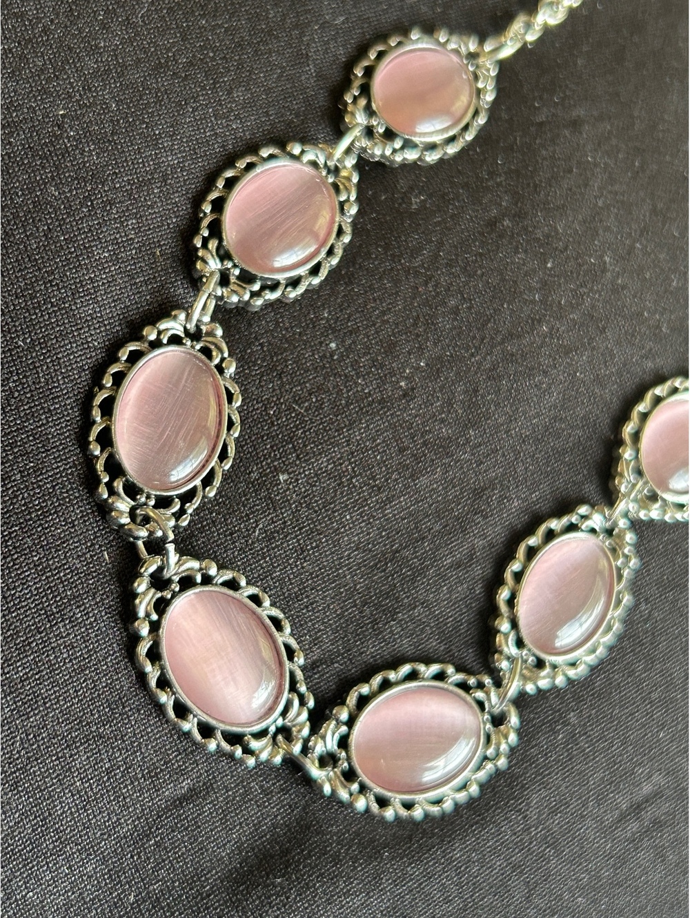 Vintage Style Pink Cat's Eye Stone Costume Necklace with Silver Tone Setting